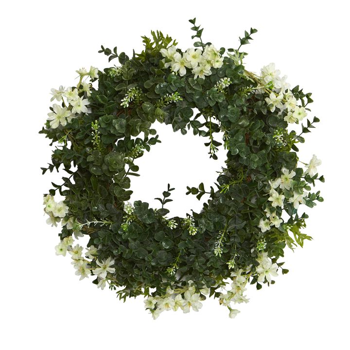 HomPlanti 18" Eucalyptus and Dancing Daisy Double Ring Artificial Wreath with Twig Base