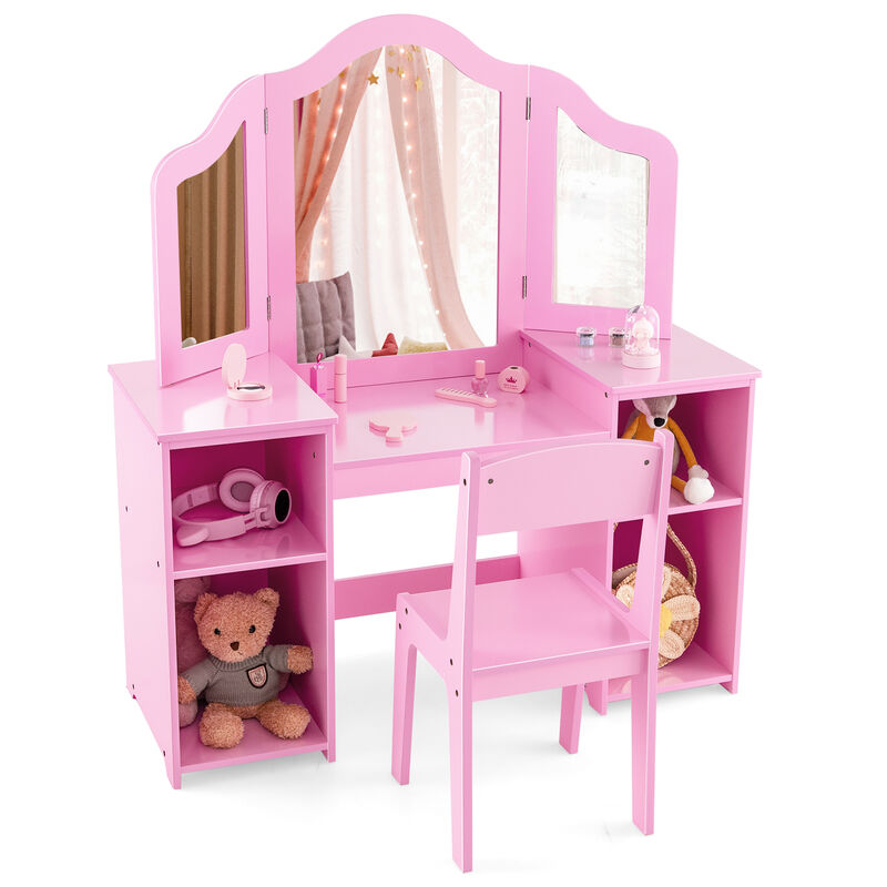 Kids Vanity Table and Chair Set with Removable Tri-Folding Mirror