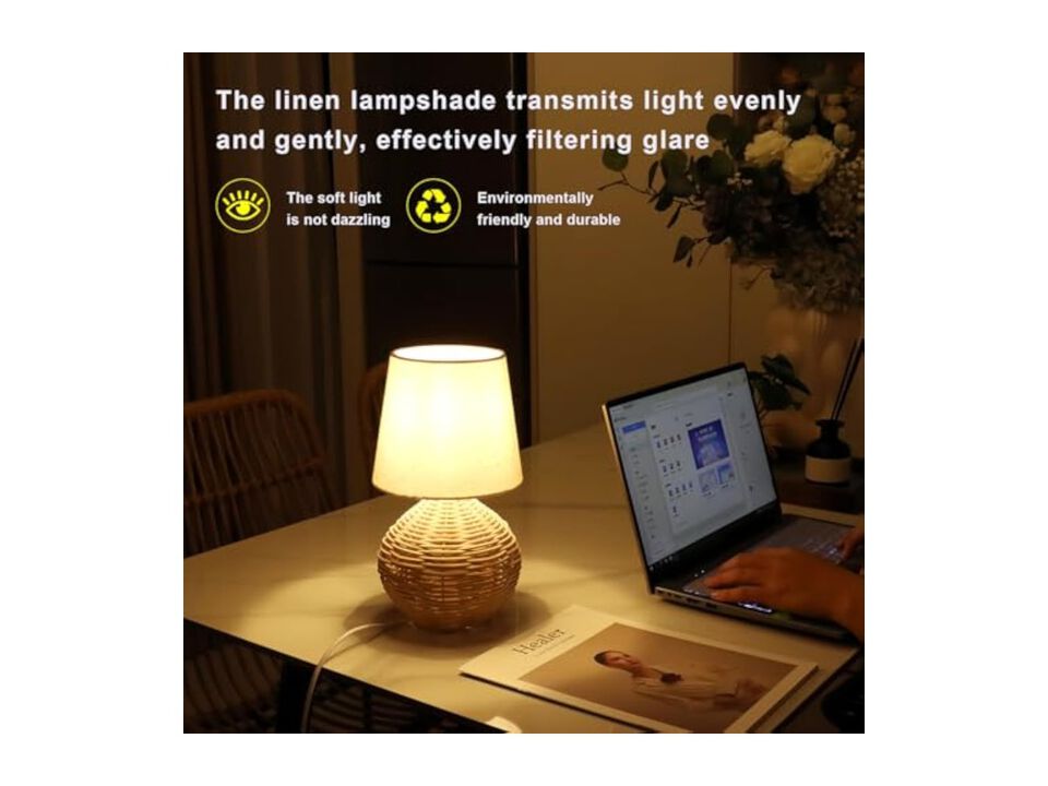 LED Farmhouse Boho Rattan Linen Table Lamp For Bedroom Living Room