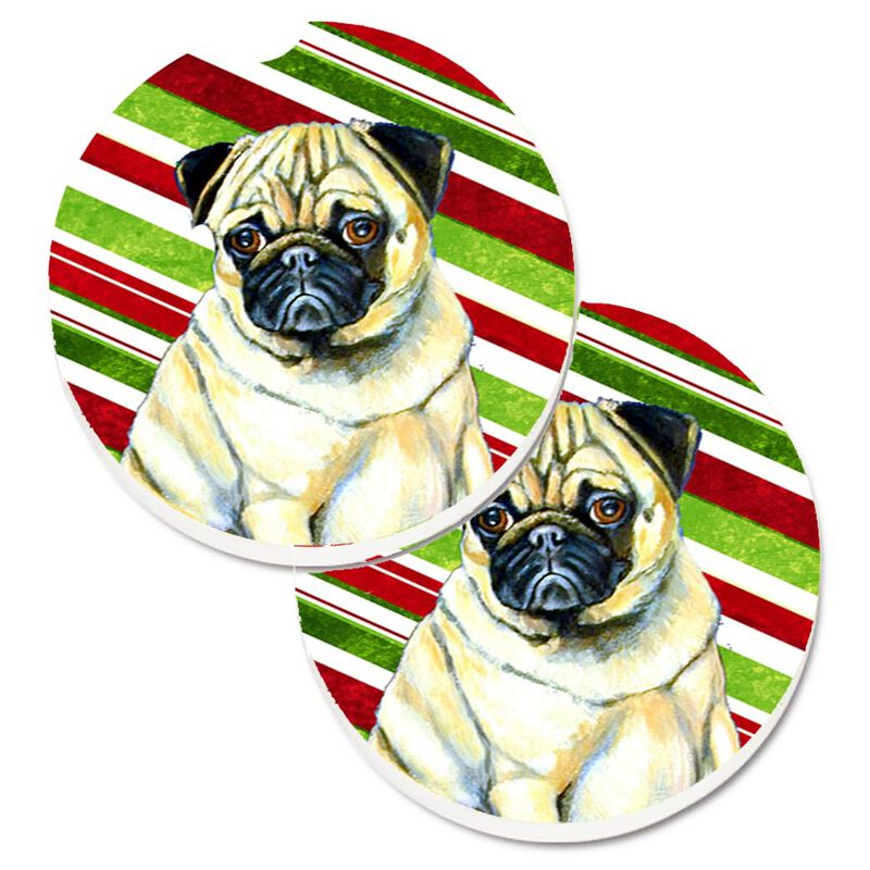 Caroline's Treasures Pug Candy Cane Holiday Christmas Set of 2 Cup Holder Car Coasters LH9252CARC, 2.56, Multicolor image number 0