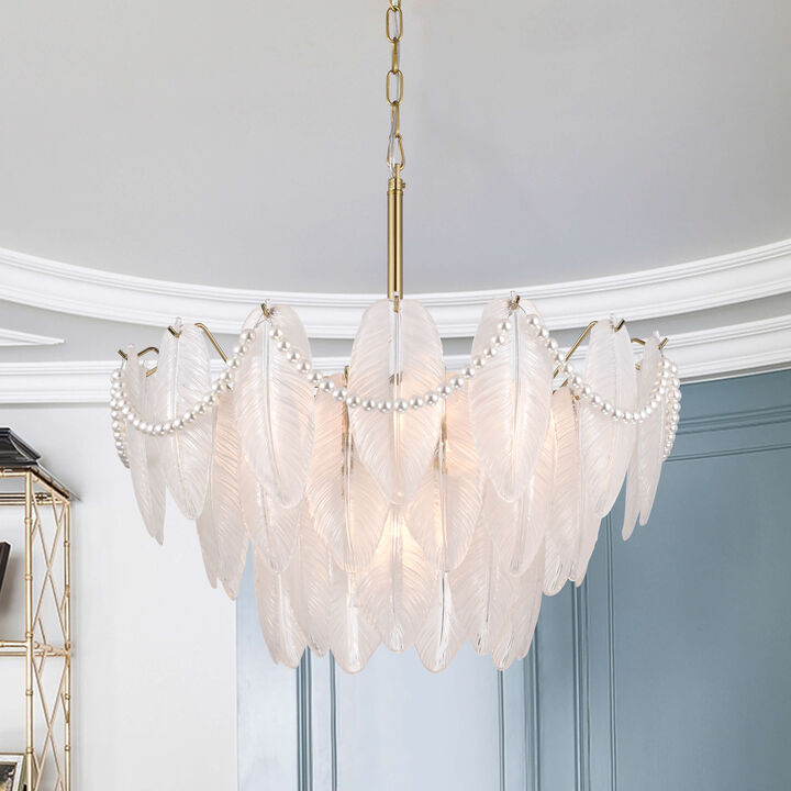 Abril Brushed Shiny Brass 7-Light Glass Feather-shaped Chandelier