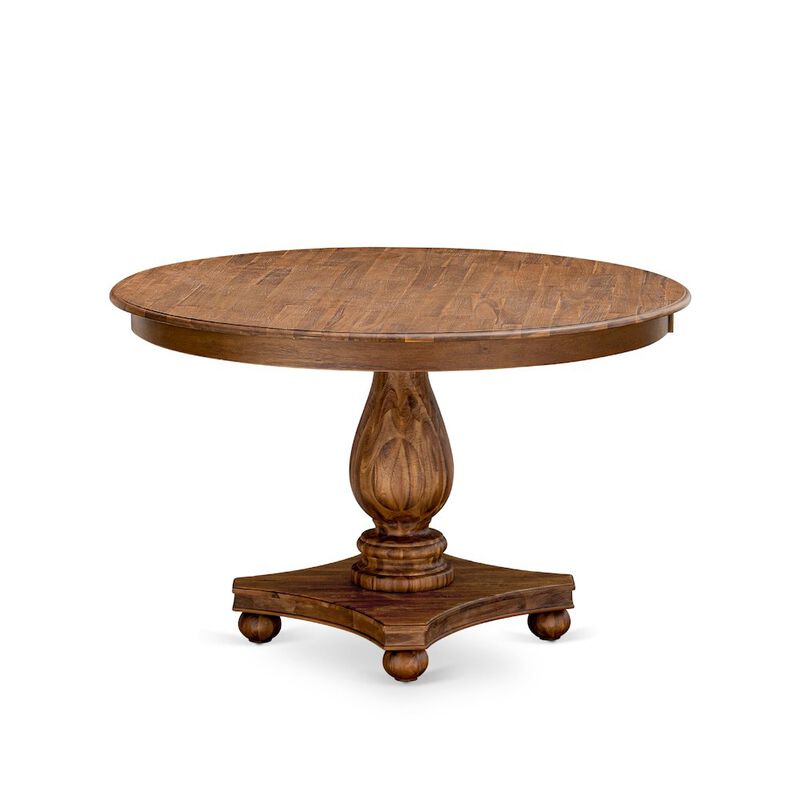Round Dining Table with Pedestal, Rustic Rubberwood Table in Sandblasting Antique Walnut
