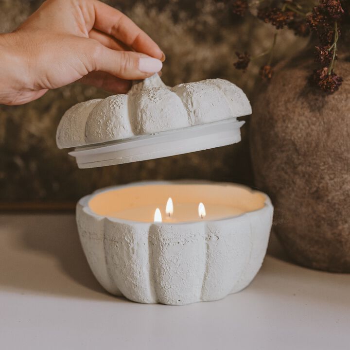 Sweet Water Decor Cashmere and Vanilla 13 oz Soy Candle, Cement Pumpkin Jar
