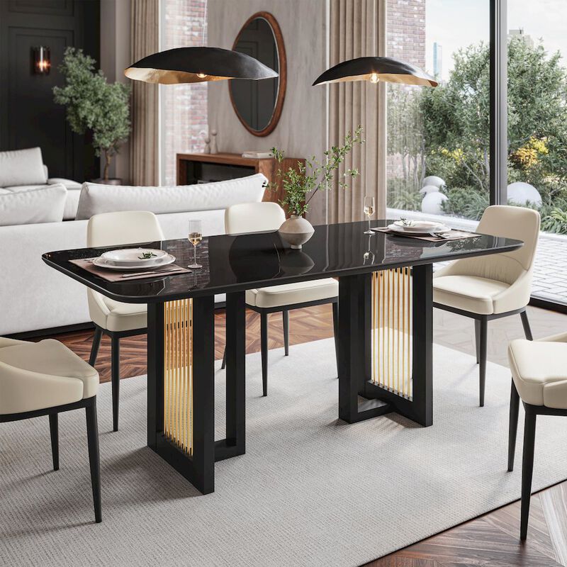 Modern 6 Seater Dining Table with Gold Accents, Black & Gold