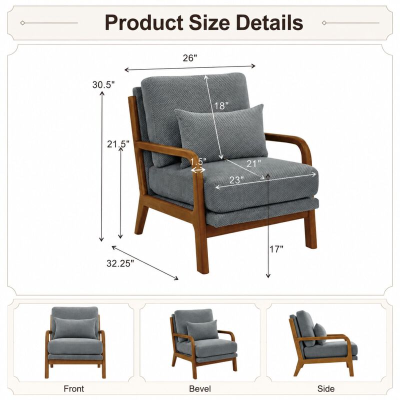 GOODSILO Mid-Century Modern Wooden Lounge Chair with Nubby Upholstery, High-Density Foam Cushion for Home and Office Use image number 1