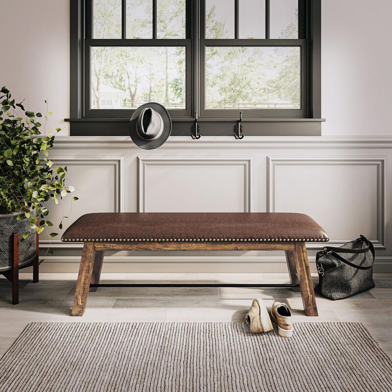 Jofran Distressed Industrial 56 Distressed Wood Bench with Upholstered Seat