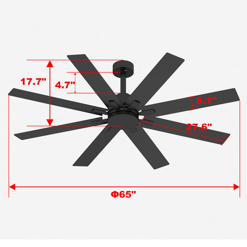 65 in. Indoor Outdoor Use Black Solid Wood Grain 8 Blade Propeller Ceiling Fan with Remote Control, Adjustable, 5-Speed