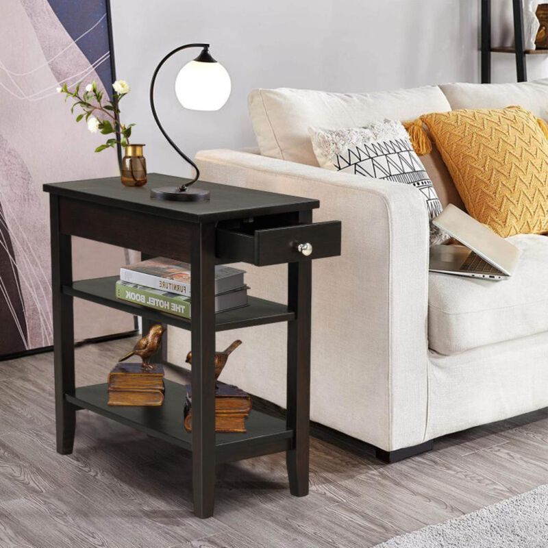 Hivvago Side End Table with Drawer and 2-Tier Open Storage Shelves for Space Saving