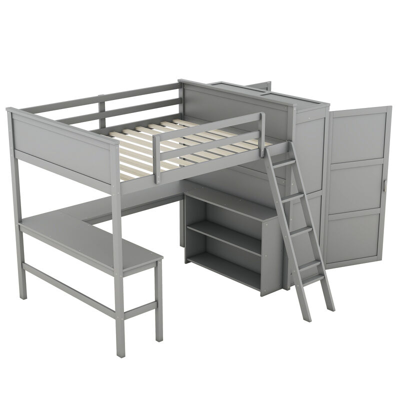 Full size Loft Bed with Desk, Shelves and Wardrobe Gray