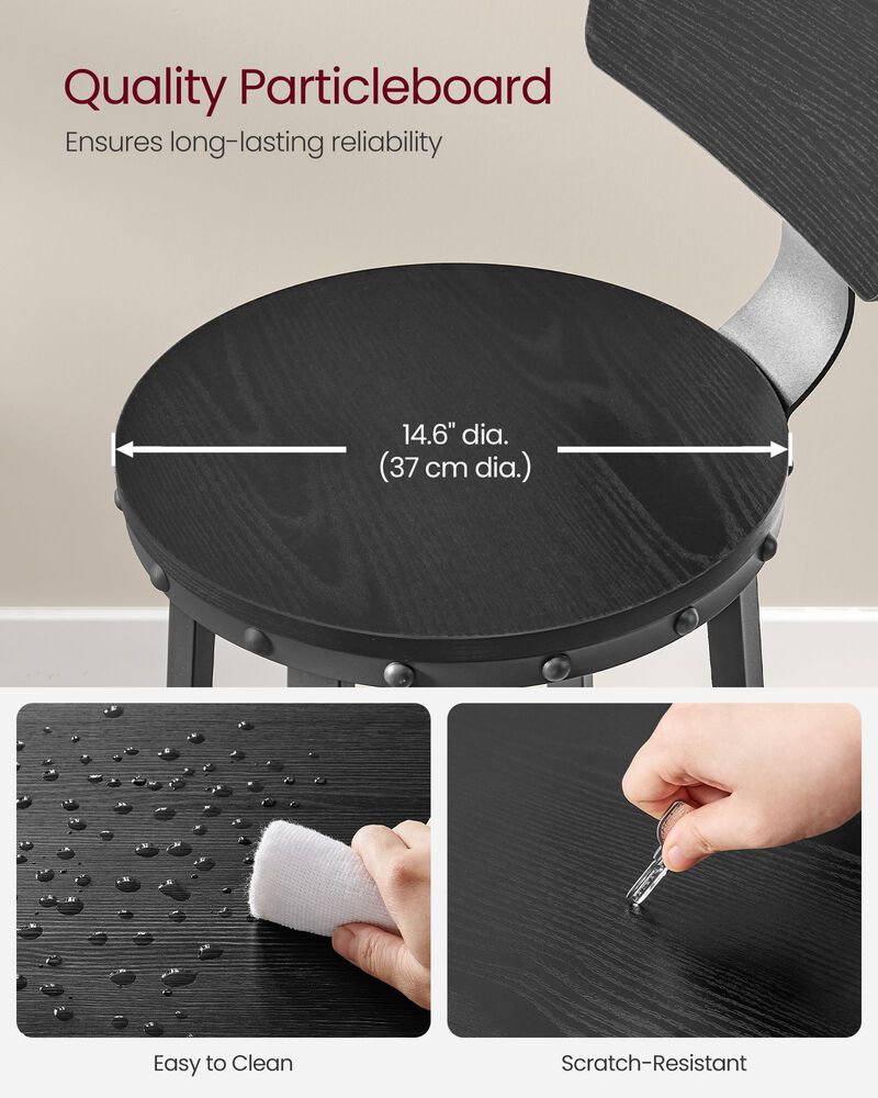 Set of 2 Tall Bar Stools with Backrest &ndash; Heavy-Duty Steel Frame for Kitchen