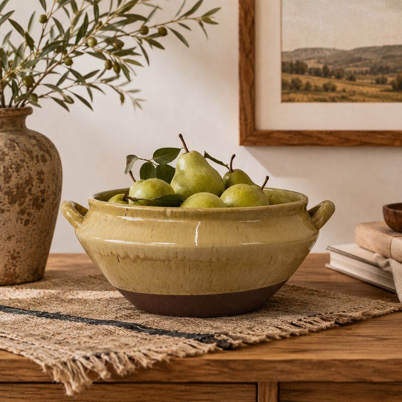 Decorative Serving Bowl, 2 Tone Rustic Brown Glazed Ceramic, 11 Inch image number 1