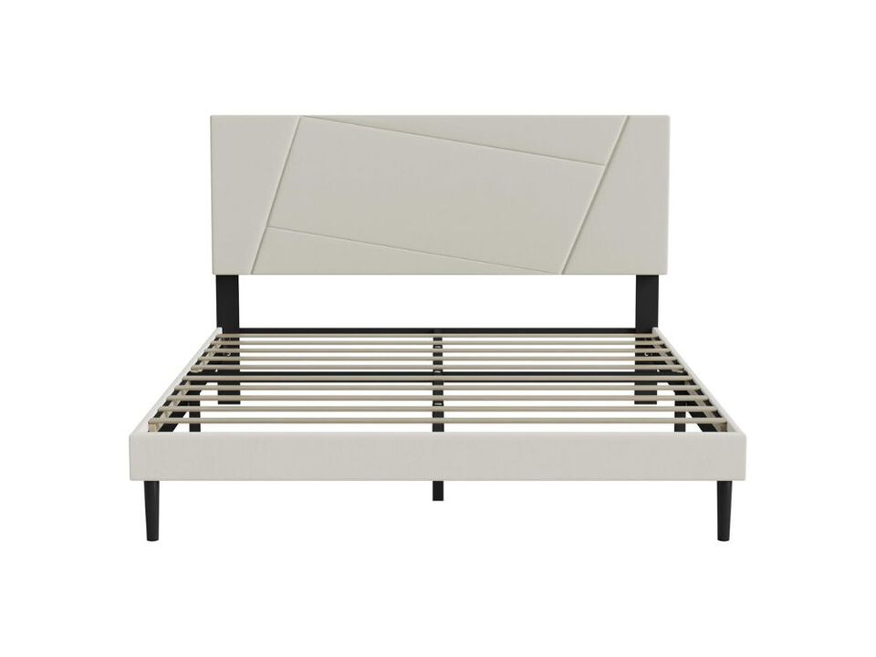 Queen Size Bed Frame, Queen Platform Bed Frame With Velvet Upholstered Headboard, Geometric Pattern, Sturdy Frame And Slats, Noiseless, No Springs Required, Easy To Assemble