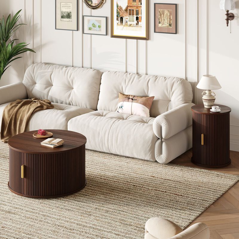 Mid Century Coffee Table Set with Sliding Tambour Door Fluted Round End Table with Storage image number 4