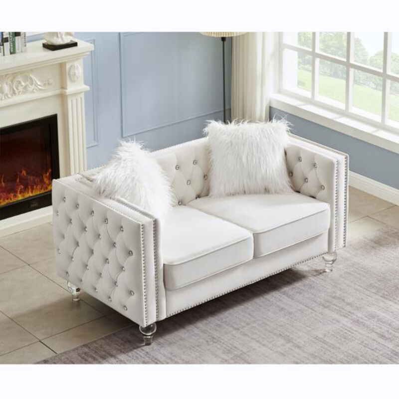 Contemporary Velvet Loveseat &ndash; Elegant 2-Seater Sofa with Crystal Button Detailing
