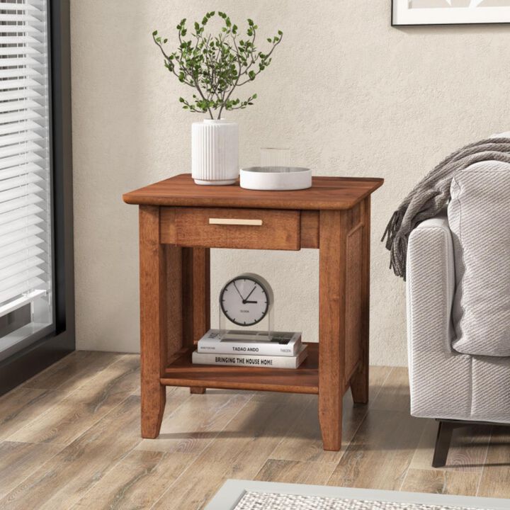 Hivvago Rattan Nightstand End Table with Drawer and Storage Shelf