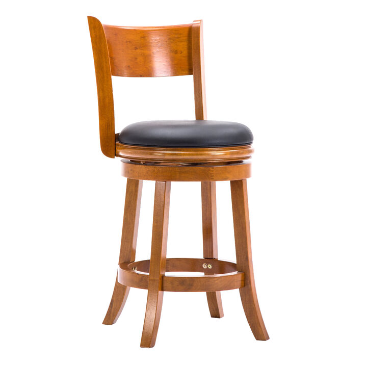 Sabi 24 inch Swivel Counter Stool, Solid Wood, Faux Leather, Brown, Black-Benzara