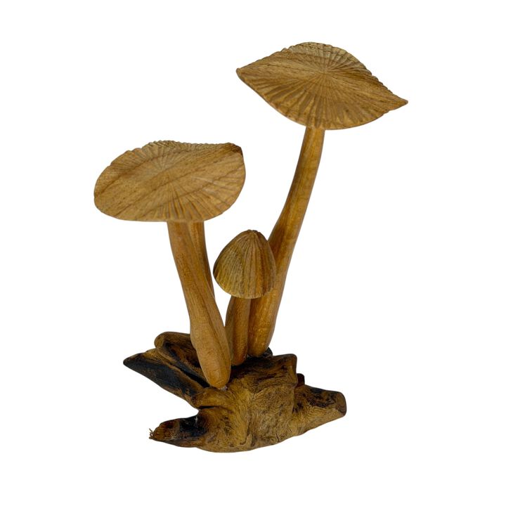 Wood Mushroom Figurine Sculpture On Root Base Natural Tabletop Accent