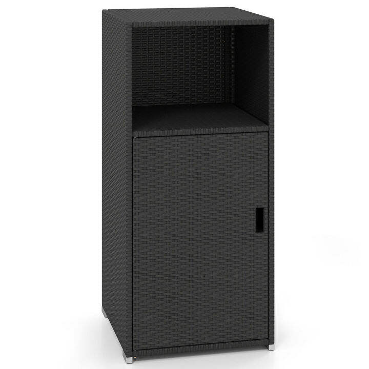Outdoor PE Wicker Storage Cabinet with Door and Open Shelf Compartment for Patio Organization