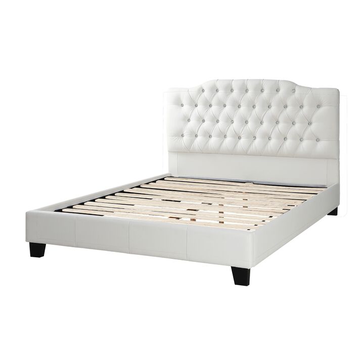 Full Size Bed, Tufted Curved, White Faux Leather Upholstered Pine Wood