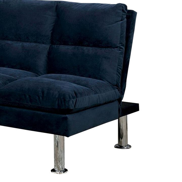 Futon Sofa with Tufted Padded Seating and Metal Legs, Blue-Benzara