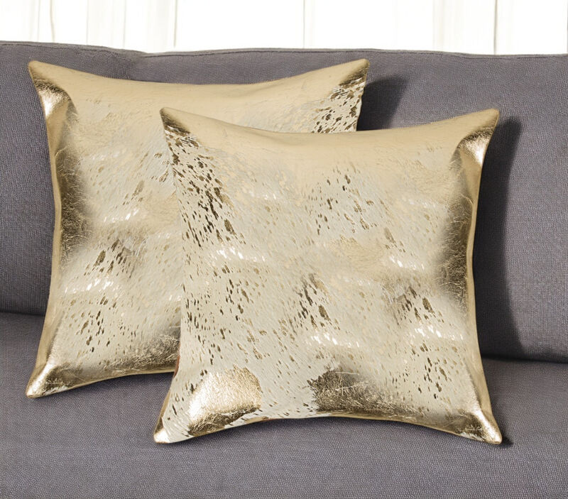 HomeRoots Set of Two 18" Natural and Gold Abstract Cowhide Throw Pillows with Glitter image number 1