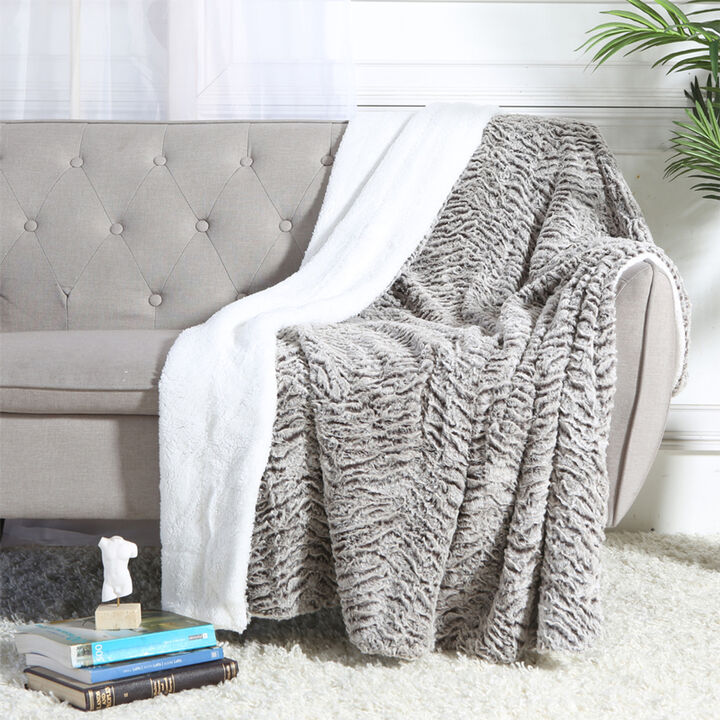 Legacy Decor Luxury Faux Micro Fur Wave Design Ultra Plush and Super Soft Sherpa Fleece Decorative Throw Blanket, Grey 51” x 60”