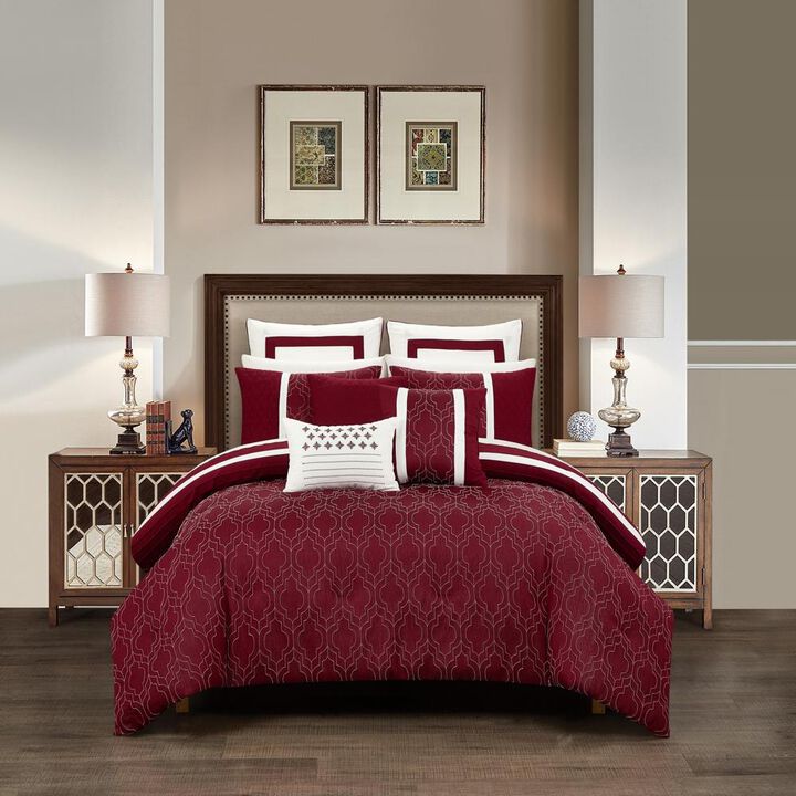 Chic Home Arlow Comforter Set Jacquard Geometric Quilted Pattern Design Bedding Berry, King
