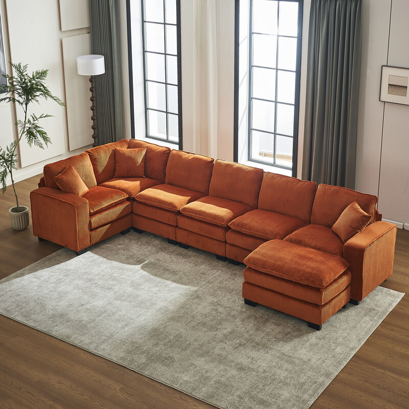 Merax Modern U Shaped 6-seat Sectional Sofa Couch with one Ottoman and three toss pillows