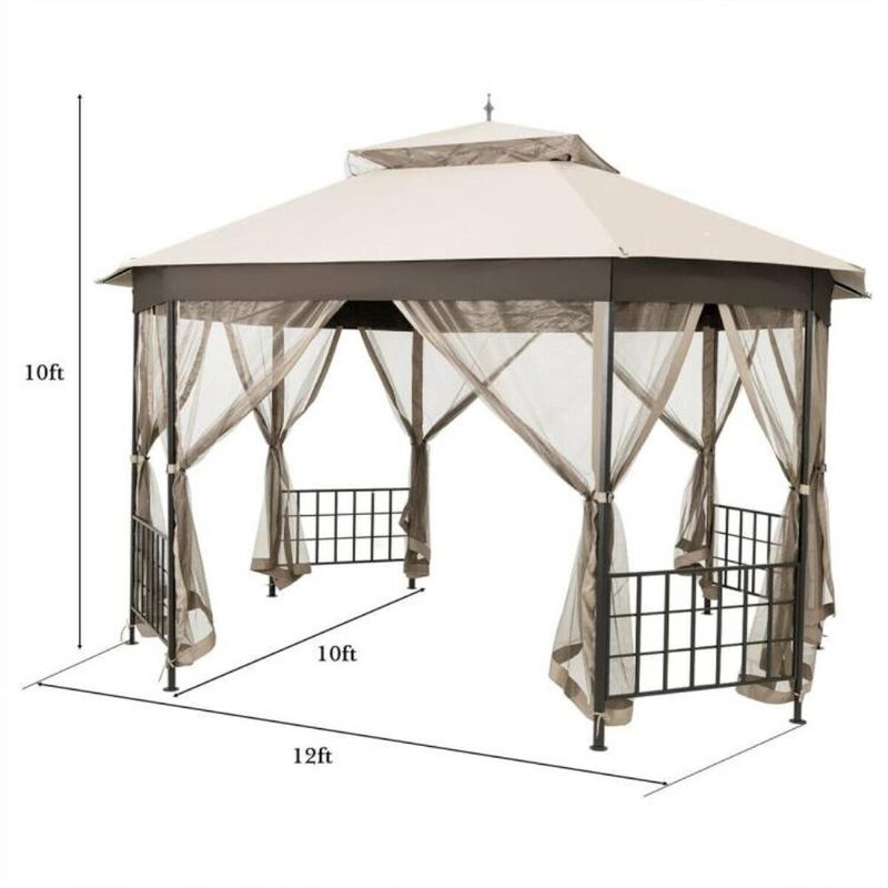Hivvago Outdoor 10 x 12 Ft Octagon Gazebo with Mosquito Net Sidewalls and Beige Canopy