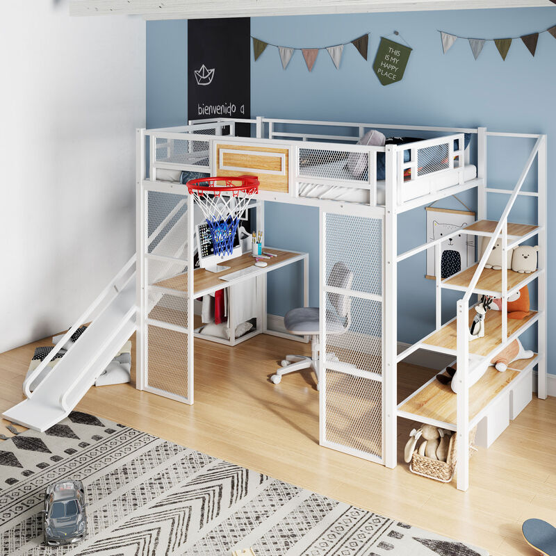 Merax  Metal Loft Bed with Desk and Open Wardrobe