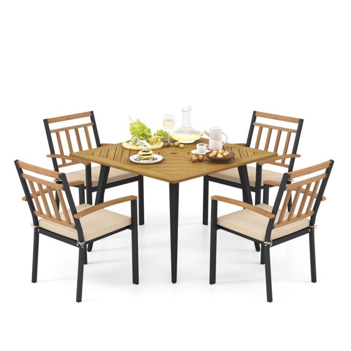 Mondawe 5-Piece Outdoor Acacia Wood Dining Set,Table with 1.9" Umbrella Hole & 4 Cushioned Chairs