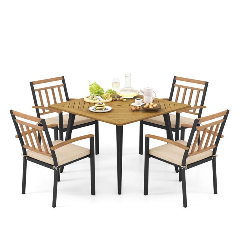 Mondawe 5-Piece Outdoor Acacia Wood Dining Set,Table with 1.9" Umbrella Hole & 4 Cushioned Chairs