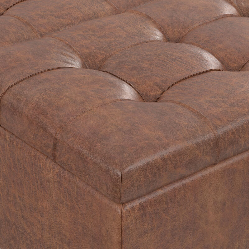 Harrison 36 inch Wide Transitional Square Coffee Table Storage Ottoman in Distressed Umber Brown Vegan Faux Leather, Assembled image number 4
