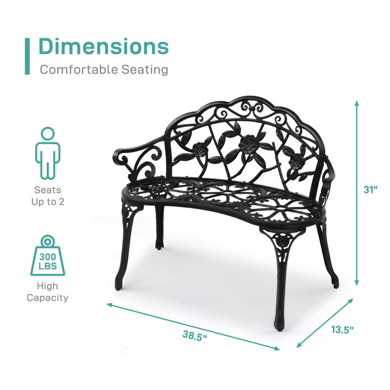 Outdoor Cast Aluminum Patio Bench, Porch Bench Chair with Curved Legs Rose Pattern