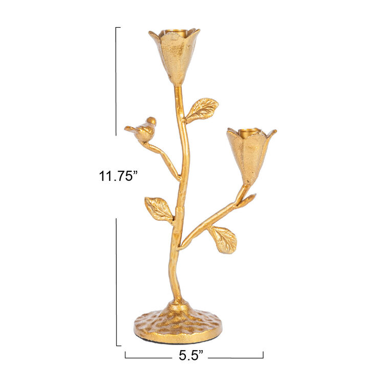 Tall Hand-Forged Cast Iron Candelabra with Flowers and Bird, Gold