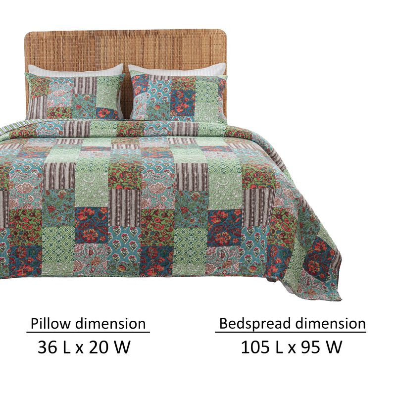 Aby 3pc King Quilt Set, Reversible Patchwork, Jade Green Cotton Microfiber - Benzara