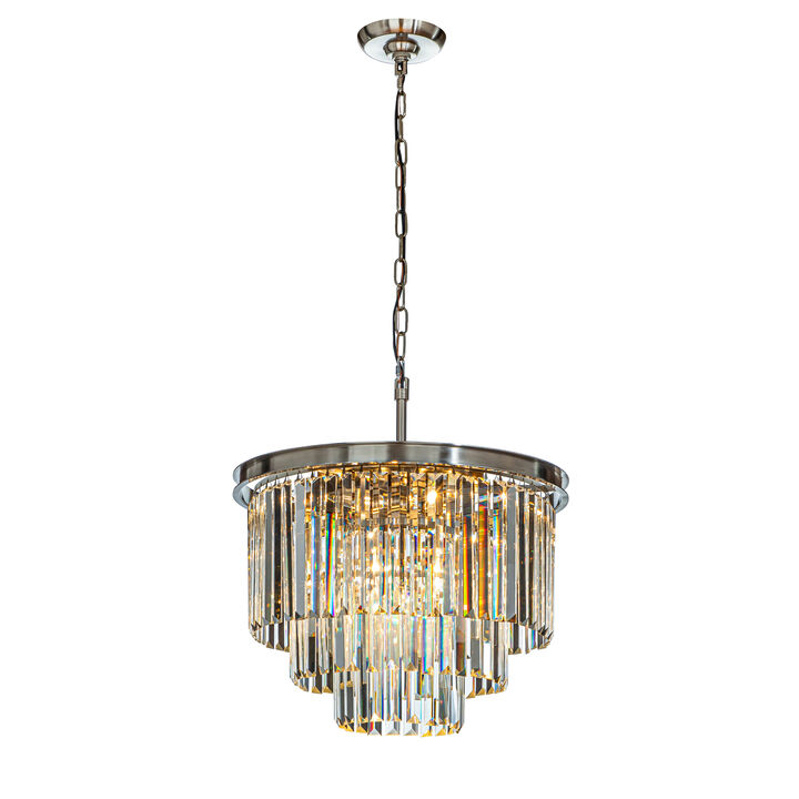 6-Lights Modern Polished Nickel 3-Tier Round Crystal Fringe Chandelier