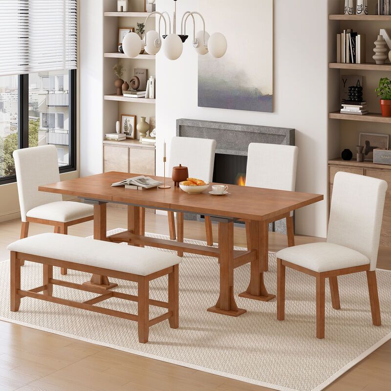 Merax Expandable Dining Table Set with 4 Cushioned Chairs & Sturdy Bench, Solid Wood Construction image number 2