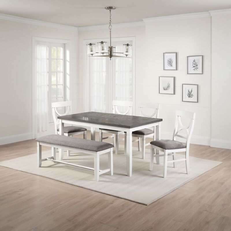 6 Piece Dining Set with Cut Out Back Chairs and Padded Bench, White and Gray - Benzara