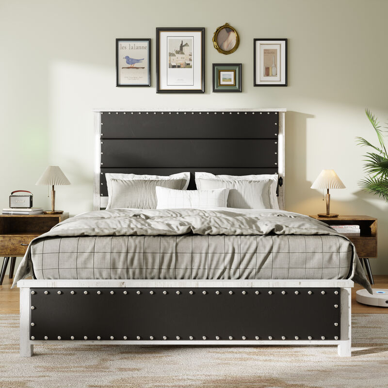 Size Bed Frame with Upholstered Headboard, Bed Frame with Charging Station and LED Lights, Wood Slats, Dark Gray Faux Leather & Rivets, No Box Spring Needed, Easy Assembly