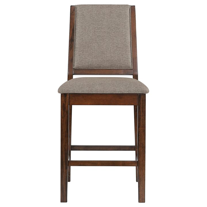 Patter Counter Height Chair Set of 2, Beige Fabric, Dark Brown 26 Inch - Benzara