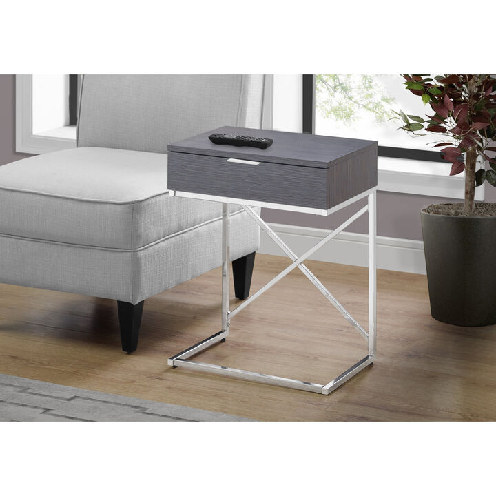 Monarch Specialties I 3474 Accent Table, Side, End, Nightstand, Lamp, Storage Drawer, Living Room, Bedroom, Metal, Laminate, Grey, Chrome, Contemporary, Modern