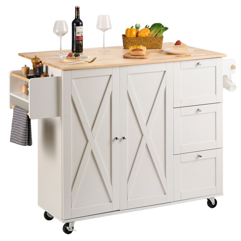 Portable Kitchen Island on Wheels with Spice Rack, Towel Rack, and Wood Top