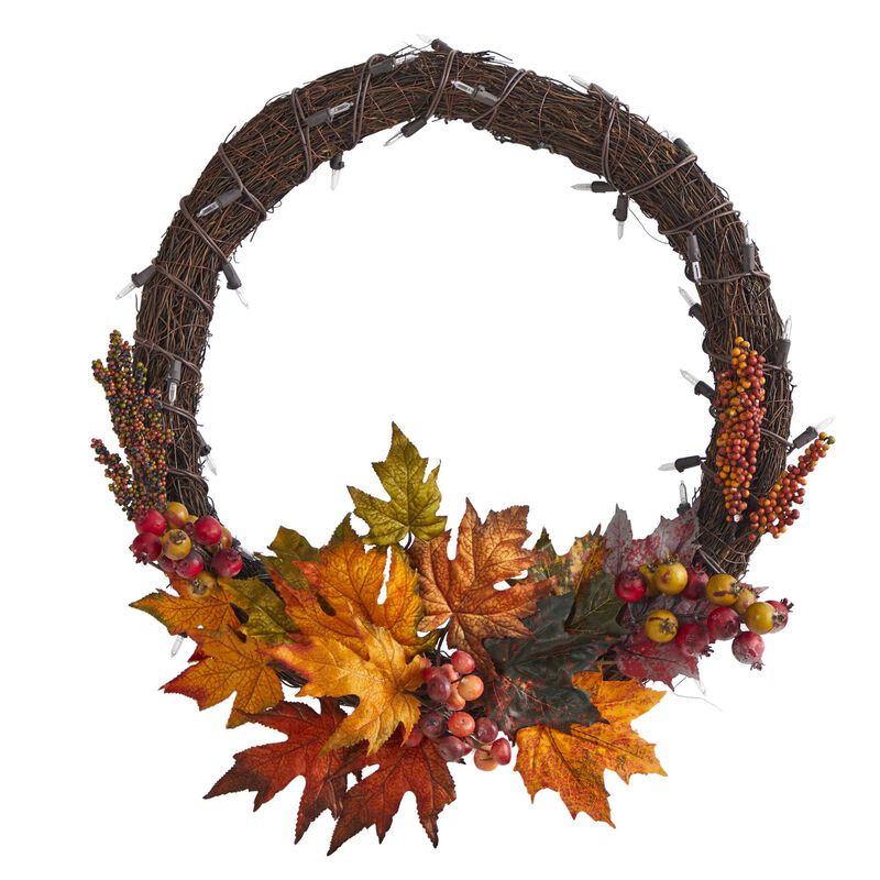 Nearly Natural 21-in Maple Leaf and Berries Wreath w/50 Warm White LED Lights image number 0