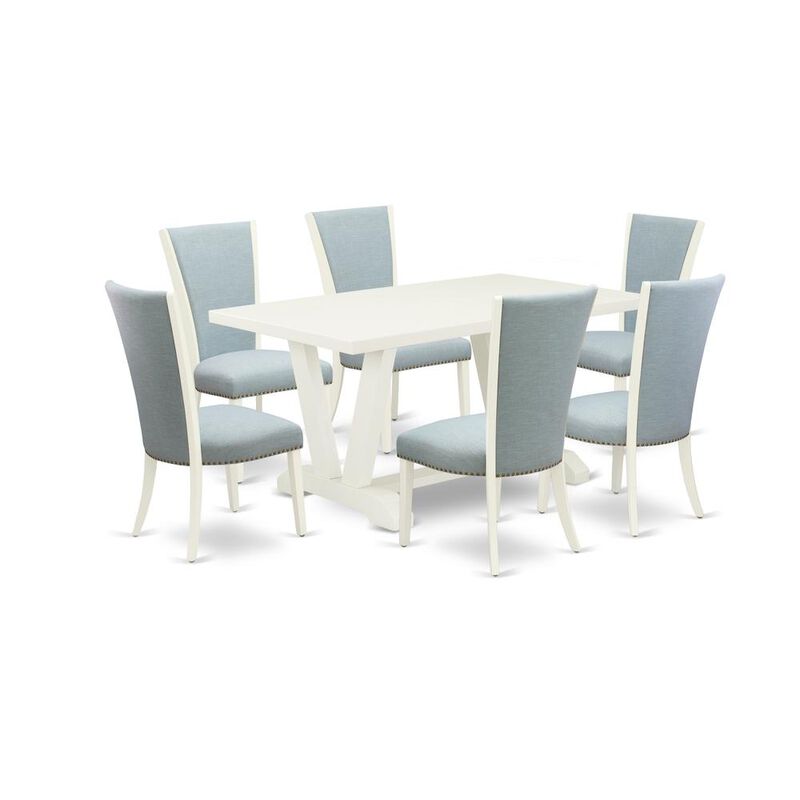 East West Furniture V026VE215-7 7 Piece Dining Room Table Set - 6 Baby Blue Linen Fabric Dinning Room Chairs with Nailheads and Linen White Dining Room Table - Linen White Finish