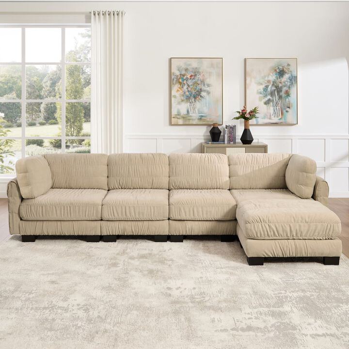 4 seat modular sectional sofa, Chenille L shaped sectional couch with ruched detailing, Modular sectional with movable ottoman