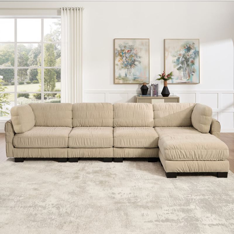 4 seat modular sectional sofa, Chenille L shaped sectional couch with ruched detailing, Modular sectional with movable ottoman image number 1