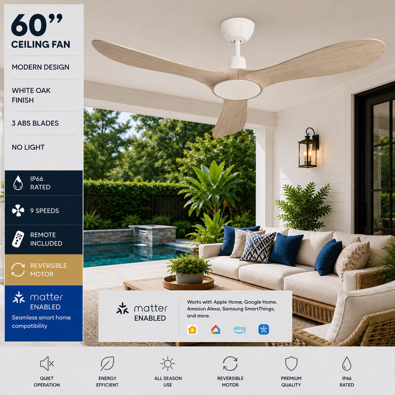 ENLIGHT 60" Smart DC Ceiling Fan, IP66 Outdoor/Coastal Rated, Matter Smart Home Integration, 3 Blades image number 1