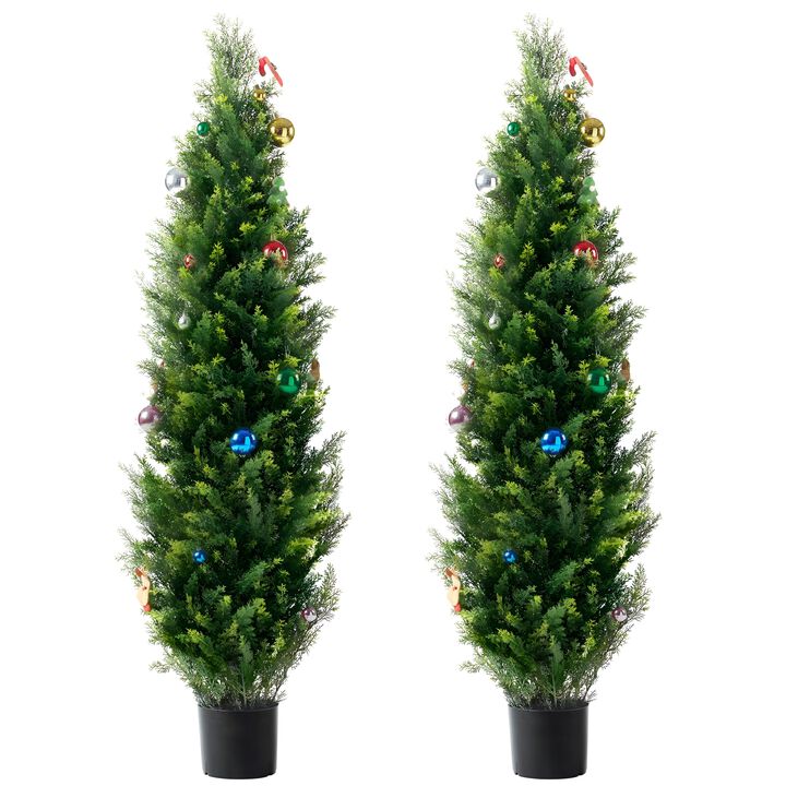 Set of 2 Artificial Cedar Topiary Trees with Pots UV Resistant Faux Evergreen Home Decor-Green