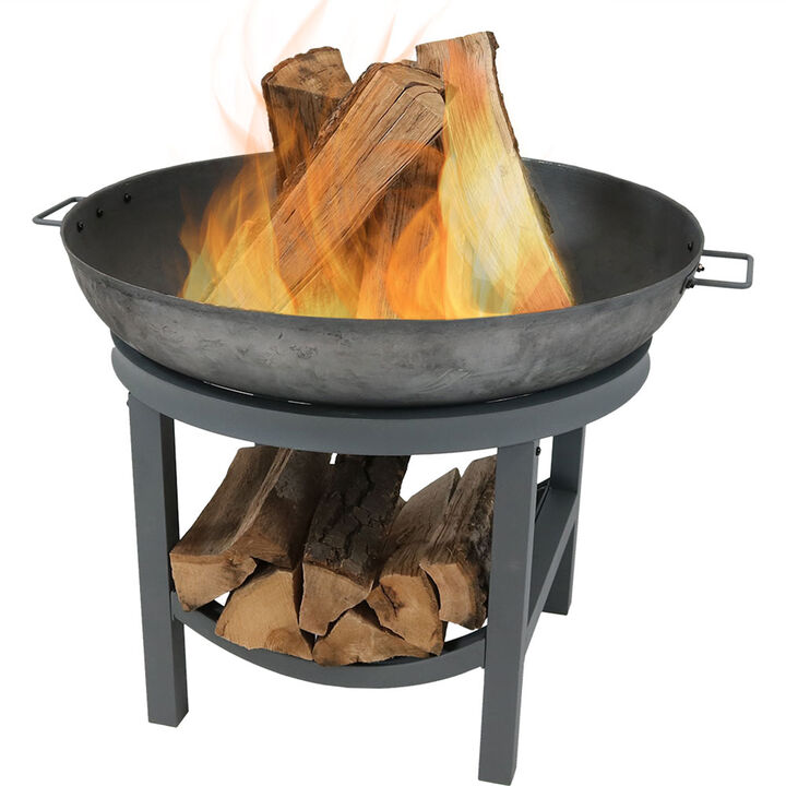 Sunnydaze 30 in Round Cast Iron Fire Pit Bowl with Built-In Log Rack